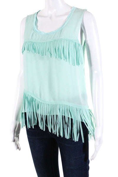 Elie Tahari Womens Fringe Chiffon Sleeveless Crew Neck Top Blouse Mint SMall