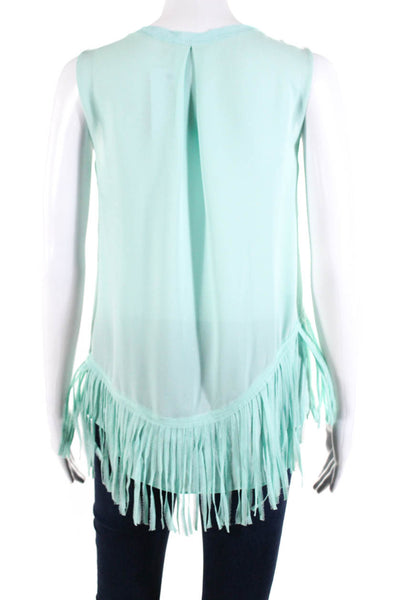 Elie Tahari Womens Fringe Chiffon Sleeveless Crew Neck Top Blouse Mint SMall