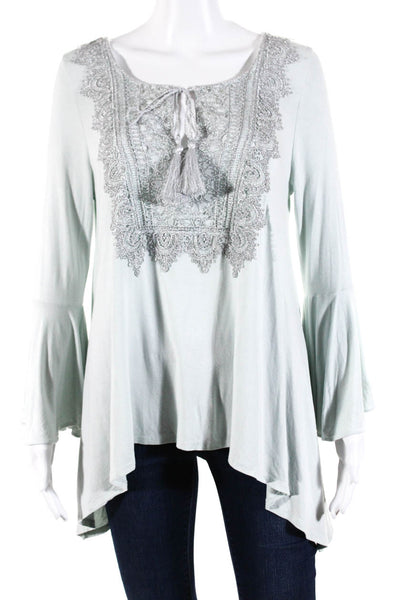 Elie Tahari Womens Metallic Lace Bell Sleeve Jersey Top Blouse Light Blue Small