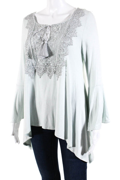 Elie Tahari Womens Metallic Lace Bell Sleeve Jersey Top Blouse Light Blue Small