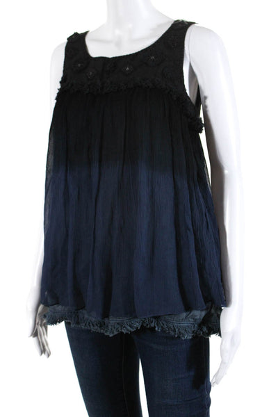 Designer Womens Plisse Ombre Chiffon Beaded Tank Top Blouse Black Blue Small