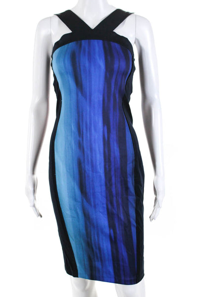 T Tahari Womens Printed Square Neck Sleeveless Sheath Dress Navy Blue Size 0