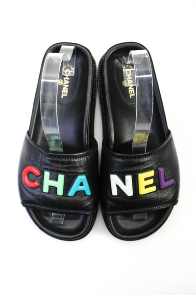 Chanel Womens Black Multicolor 2022 Logo Slip On Platform Slides Sandals Shoes S