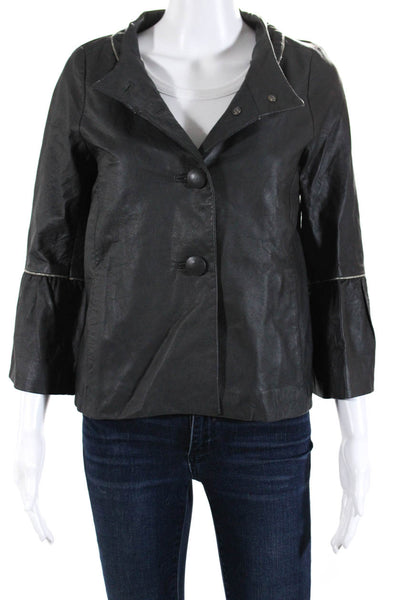 Maje Womens Leather Button Down Light Jacket Stone Gray Size 2