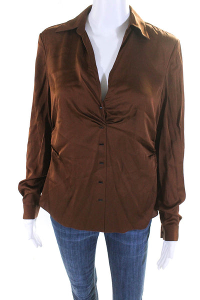 Elie Tahari Womens Long Sleeve Satin Collared Top Blouse Brown Size Small