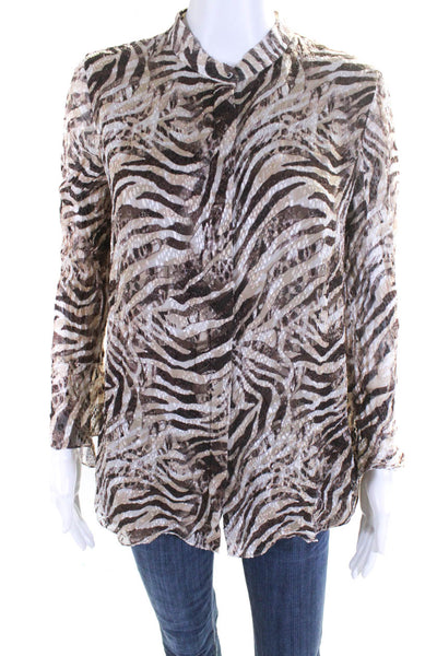 Elie Tahari Womens Animal Print Fil Coupe Long Sleeve Blouse Brown Ivory Small