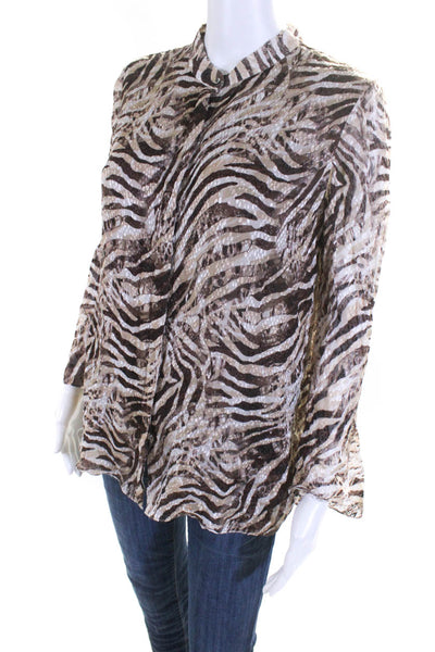 Elie Tahari Womens Animal Print Fil Coupe Long Sleeve Blouse Brown Ivory Small