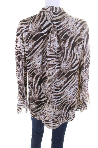 Elie Tahari Womens Animal Print Fil Coupe Long Sleeve Blouse Brown Ivory Small