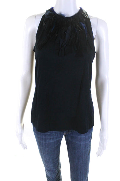 Elie Tahari Womens Embellished Feather Satin Sleeveless Top Blouse Navy Small