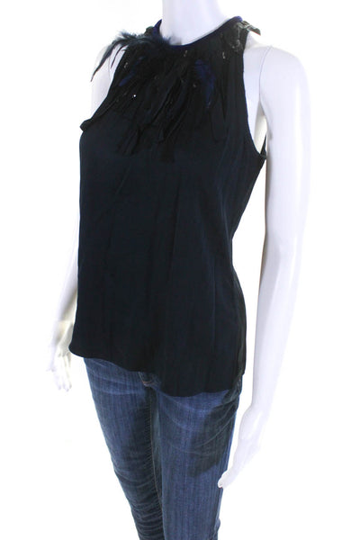 Elie Tahari Womens Embellished Feather Satin Sleeveless Top Blouse Navy Small