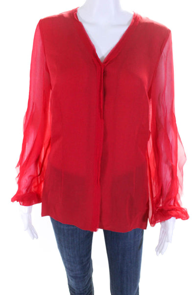 Elie Tahari Womens Raw Hem Chiffon Long Sleeve V Neck Top Blouse Red Size Small