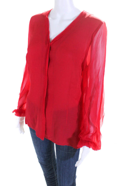 Elie Tahari Womens Raw Hem Chiffon Long Sleeve V Neck Top Blouse Red Size Small