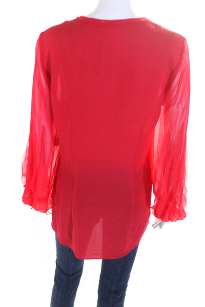 Elie Tahari Womens Raw Hem Chiffon Long Sleeve V Neck Top Blouse Red Size Small