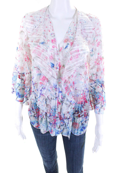 T Tahari Womens Metallic Floral 3/4 Bell Sleeve Top Blouse Pink Blue White Small