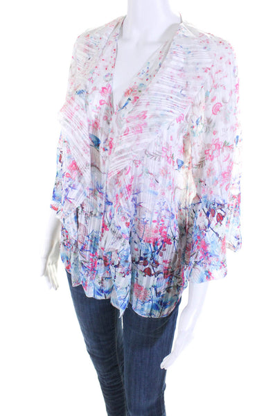 T Tahari Womens Metallic Floral 3/4 Bell Sleeve Top Blouse Pink Blue White Small