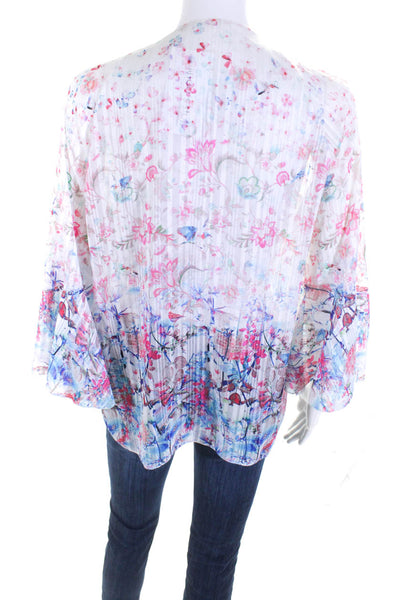 T Tahari Womens Metallic Floral 3/4 Bell Sleeve Top Blouse Pink Blue White Small