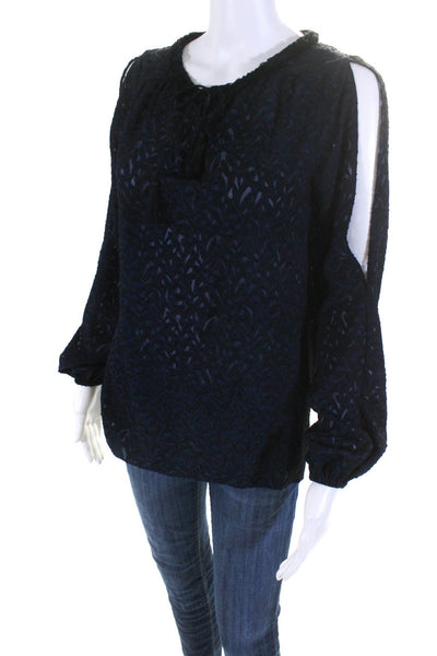 T Tahari Womens Y Neck Jacquard Long Sleeve Top Blouse Black Navy Size XS