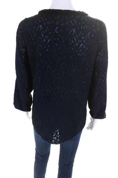 T Tahari Womens Y Neck Jacquard Long Sleeve Top Blouse Black Navy Size XS