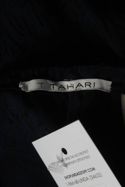 T Tahari Womens Y Neck Jacquard Long Sleeve Top Blouse Black Navy Size XS