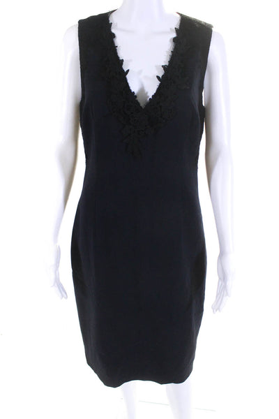 T Tahari Womens Lace Trim V Neck Sleeveless Crepe Sheath Dress Navy Black Size 6