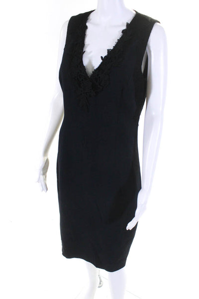 T Tahari Womens Lace Trim V Neck Sleeveless Crepe Sheath Dress Navy Black Size 6