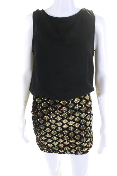 Designer Womens Velour Sequin Sleeveless Mini Wiggle Dress Black Gold Size XS