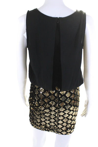 Designer Womens Velour Sequin Sleeveless Mini Wiggle Dress Black Gold Size XS