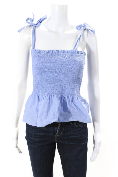 J Crew Womens Cotton Smocked Tie Strap Ruffled Hem Babydoll Top Blue Size XS