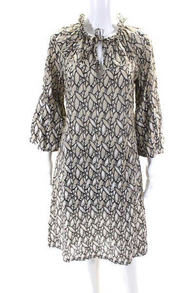 Allegra Hicks Womens Printed Frill Neck Flare Sleeve Shift Dress Brown Size 8