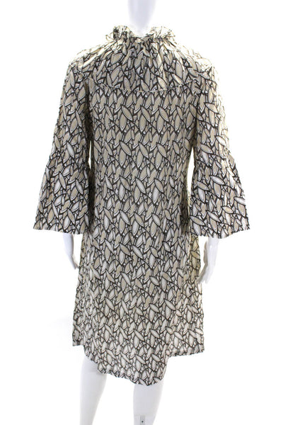 Allegra Hicks Womens Printed Frill Neck Flare Sleeve Shift Dress Brown Size 8