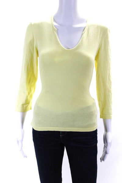 Henri Bendel Womens Y Neck 3/4 Sleeve Sweater Yellow Cotton Size Medium