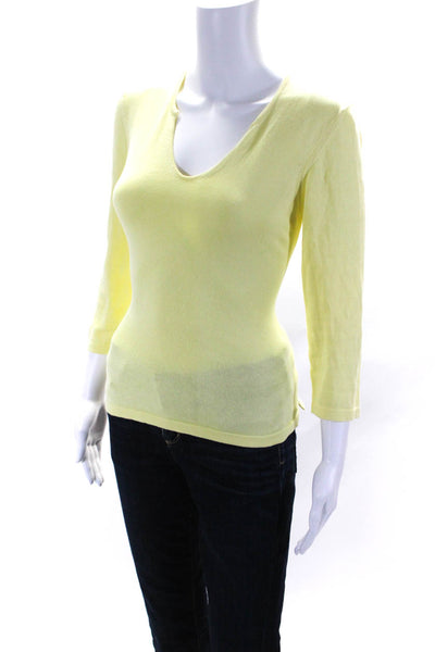 Henri Bendel Womens Y Neck 3/4 Sleeve Sweater Yellow Cotton Size Medium