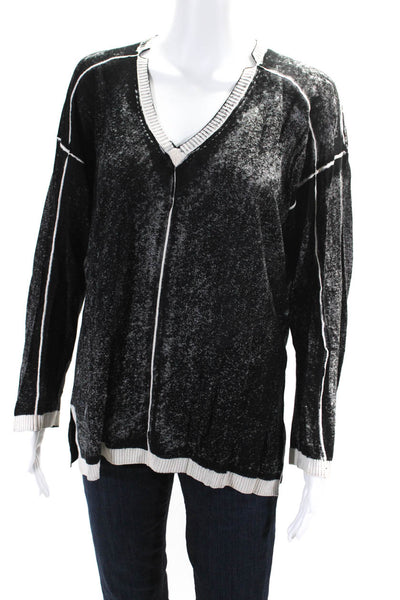 525 America Women's Printed Lightweight Long Sleeve V Neck Sweater Black Size S