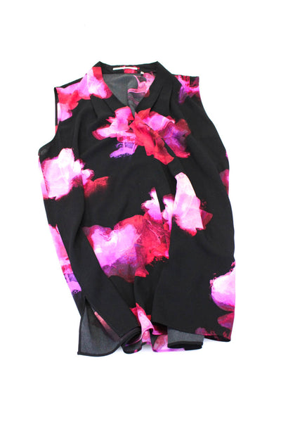 T Tahari Womens Floral V Neck Sleeveless Top Blouse Black Pink Blue Small Lot 2