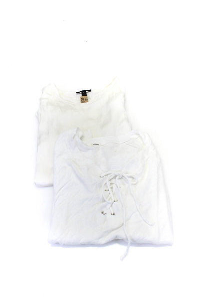 Aqua Monrow Womens Linen Short Sleeve Pullover Blouse Tops White Size L Lot 2