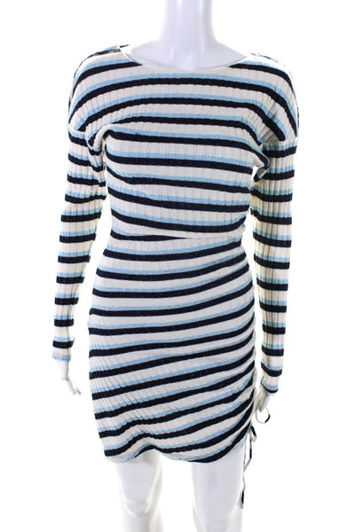 Ramy Brook Womens Striped Long Sleeved Bodycon Sweater Dress Blue Cream Size S