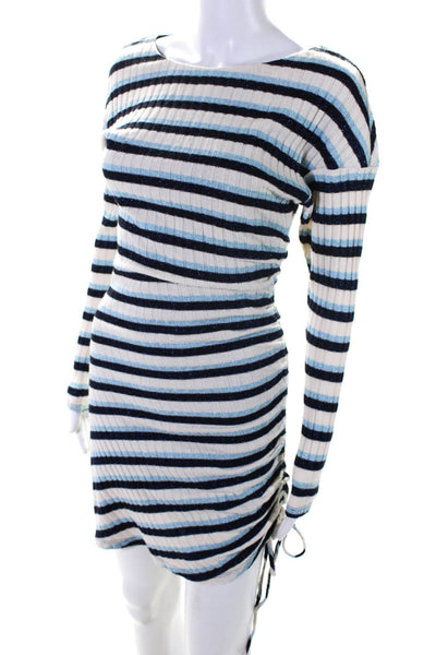 Ramy Brook Womens Striped Long Sleeved Bodycon Sweater Dress Blue Cream Size S