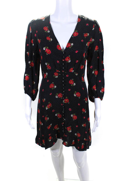 The Kooples Womens Chiffon Flower Print V-Neck Flared Hem Dress Black Red Size 2