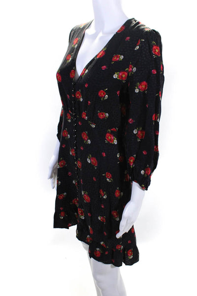 The Kooples Womens Chiffon Flower Print V-Neck Flared Hem Dress Black Red Size 2