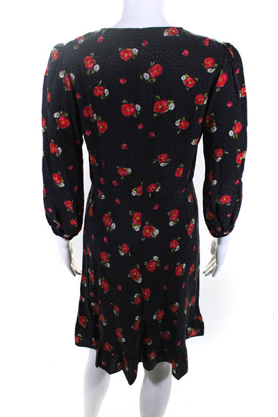 The Kooples Womens Chiffon Flower Print V-Neck Flared Hem Dress Black Red Size 2