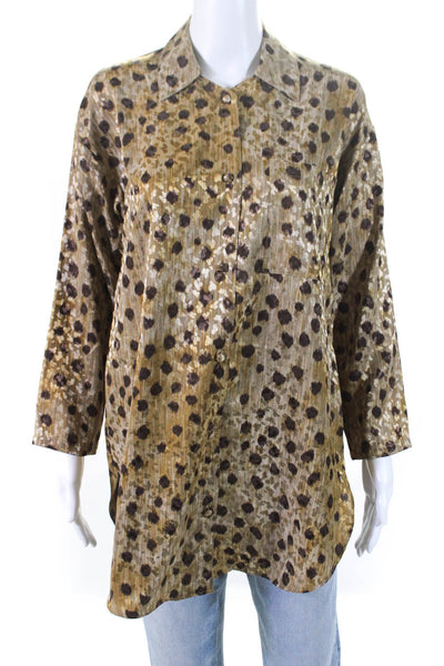 Neiman Marcus Womens Animal Print Long Sleeve Button-Up Blouse Brown Size P