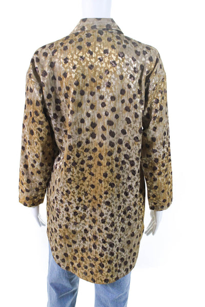 Neiman Marcus Womens Animal Print Long Sleeve Button-Up Blouse Brown Size P