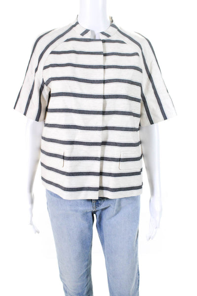 Lafayette 148 New York Womens Striped Buttoned Short Sleeve Top Beige Size S