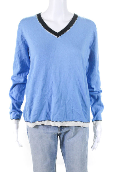 Elliott Lauren Womens Cotton Striped V-Neck Long Sleeve Sweater Blue Size M