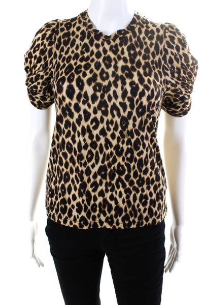 ALC Womens Brown Leopard Print Crew Neck Puff Short Sleeve Blouse Top Size XS
