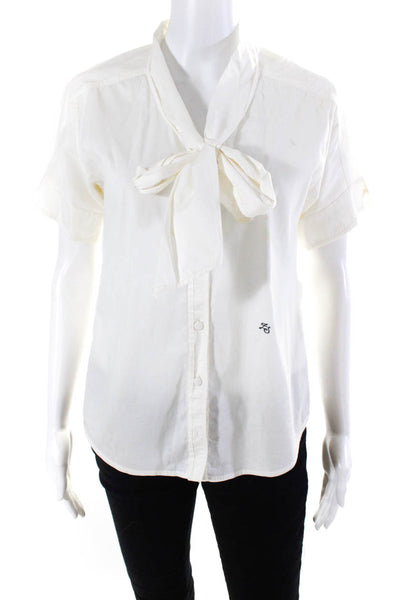 Z Spoke Zac Posen Womens White Cotton Tie Neck Short Sleeve Blouse Top Size S