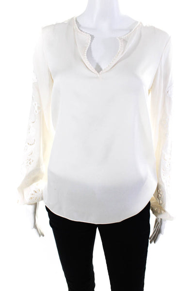 Elie Tahari Womens Ivory Silk Lace Trim V-Neck Long Sleeve Blouse Top Size XS