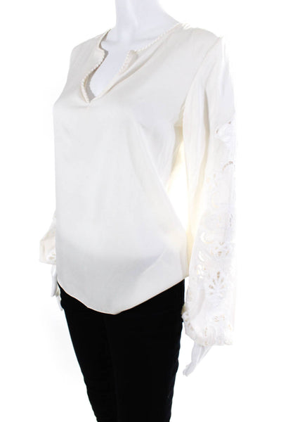 Elie Tahari Womens Ivory Silk Lace Trim V-Neck Long Sleeve Blouse Top Size XS