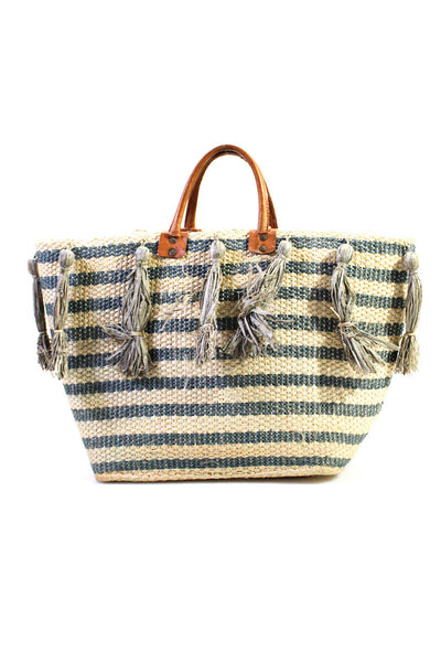 mar Y sol Womens Natural Brown Woven Straw Striped Tassel Tote Bag Handbag
