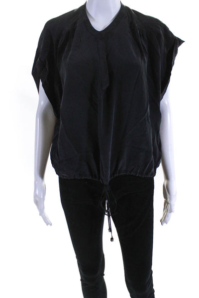 Alexis Womens Silk Ruched Drawstring Hem Short Sleeve Blouse Top Black Size L